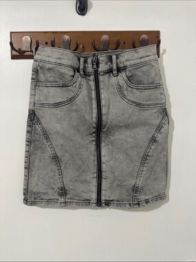 Express Gray Washed Zip-Front High waist Denim Mini Skirt